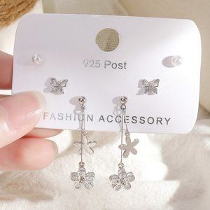 [3 Pairs] 925 Sterling Silver Flower Earrings Q